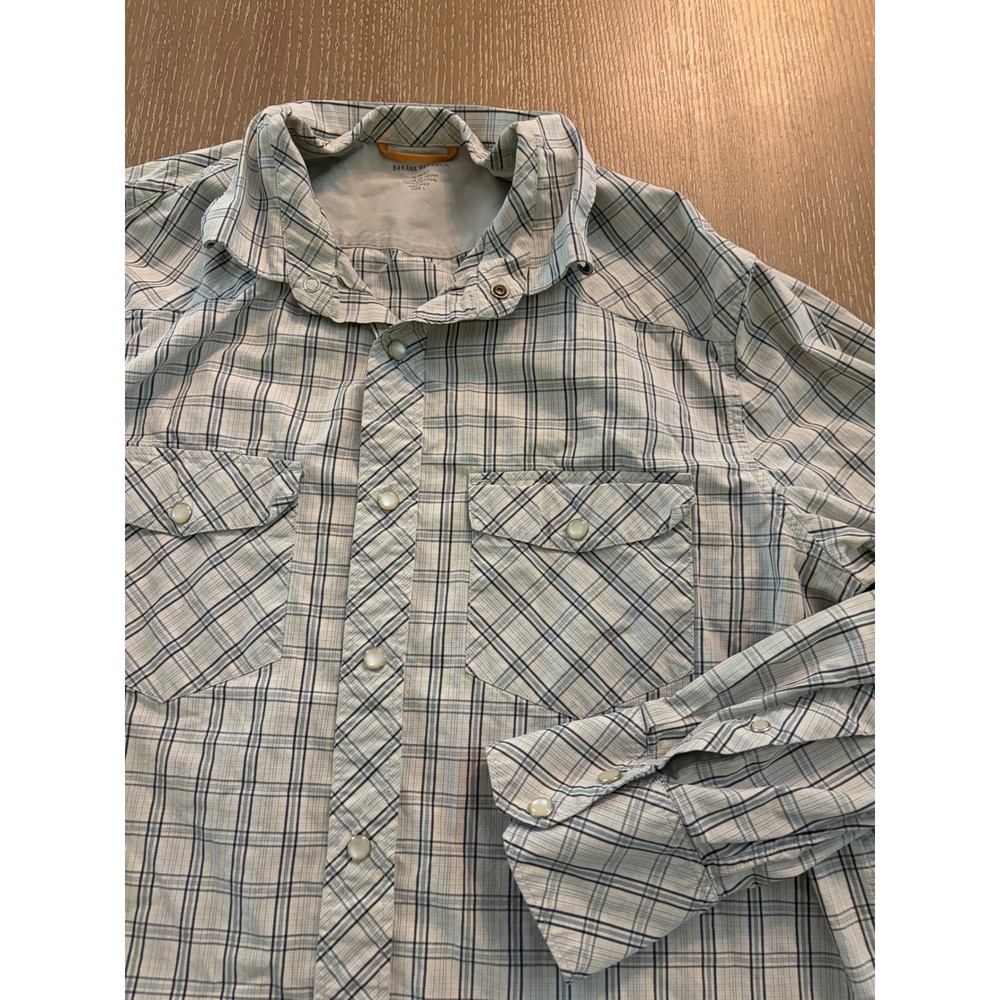 Banana Republic Men's Large Slim Fit Plaid Western Pearlβ Snap Shirt Blue White